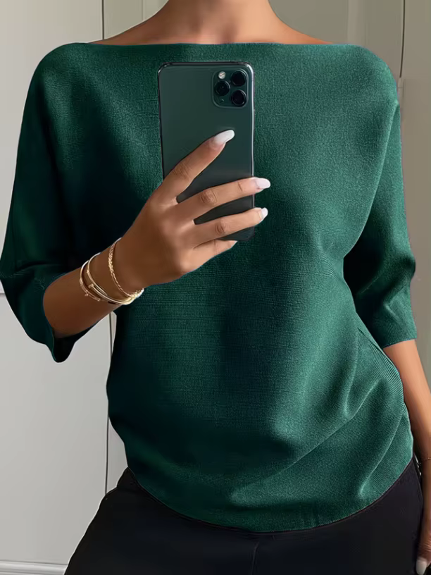 Pull en tricot pour femme à manches trois-quarts, col large élégant, couleur unie polyvalente, idéal