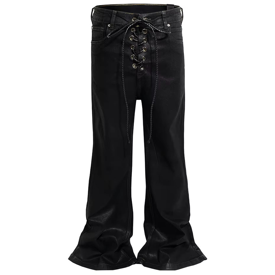 RO Style revêtement jean mode noir mince jean évasé avec rubans hommes Streetwear tendance Denim pan