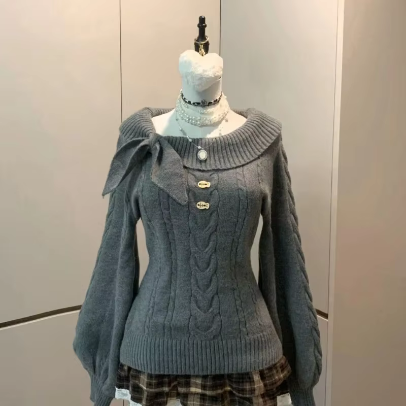 Pull à épaules dénudées avec nœud pour femme, haut tricoté, élégant, Sexy, à la mode, décontracté, Y