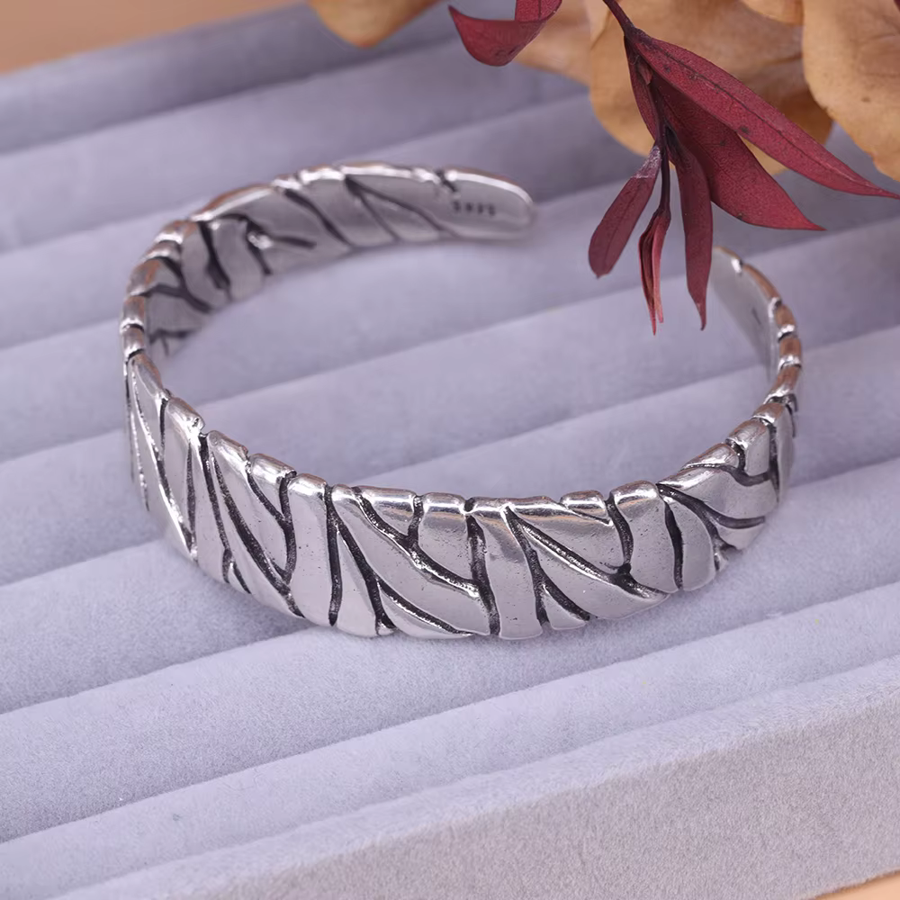 Bracelet en argent regardé 925 pour homme et femme, bracelet punk, large, irrégulier, géométrique, m