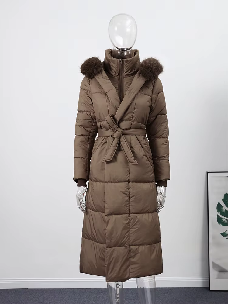 Manteau Long pour femmes, col en fausse fourrure, veste rembourrée à lacets, manches lanternes de lu