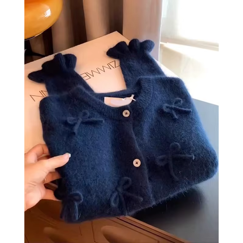 Cardigan bleu marine pour femme, pull Harajuku Y2k, pull en cachemire à col rond, manches longues, p