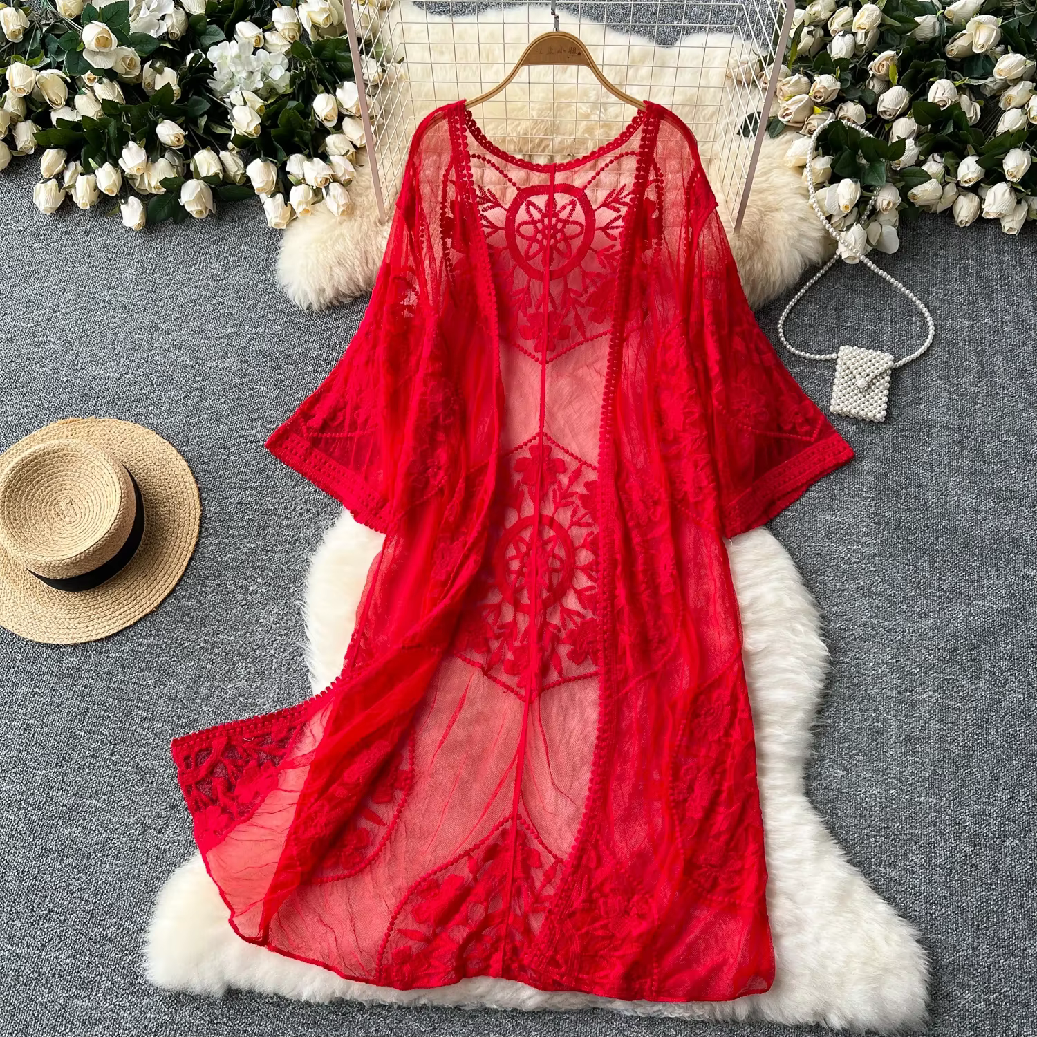 Boho-Cardigan de plage en dentelle transparente pour femmes, broderie florale, décontracté, élégant,