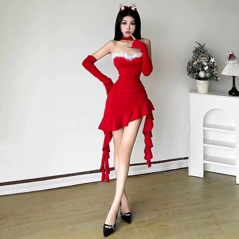 Robe de Noël tempérament sexy robe à volants et col mince