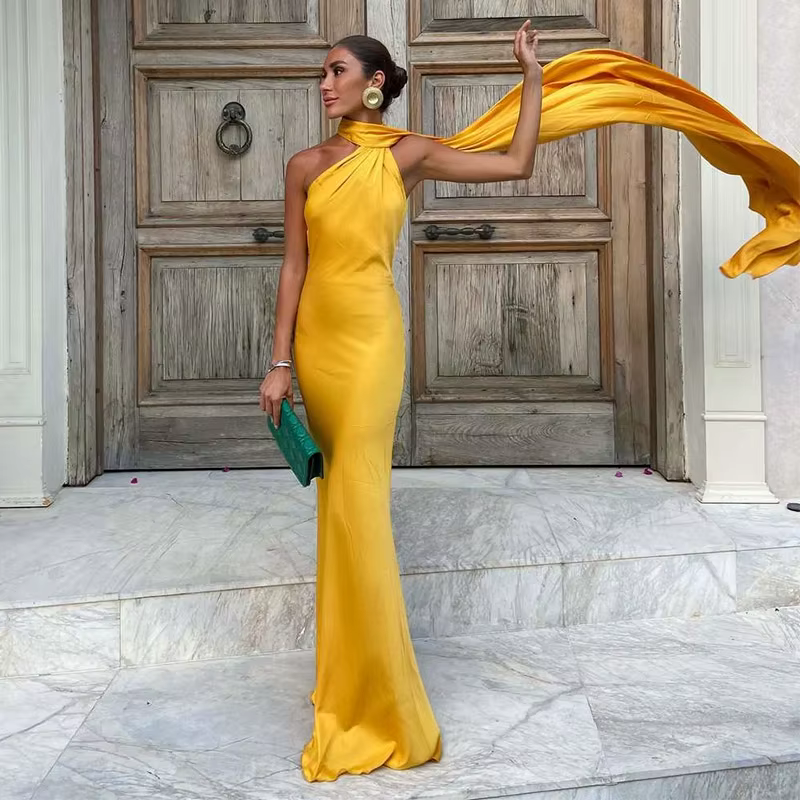 Robe Longue en Satin Soyeux à Lacets pour Femme, Col en Ruban, Incliné, Initié, Dos aux, Tempérament