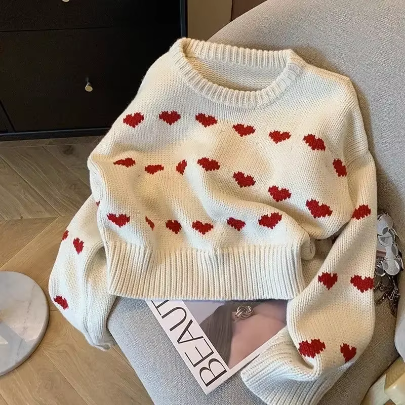 Blanc Kawaii femmes pull Harajuku coeur mode coréenne à manches longues tricoté pulls en vrac automn