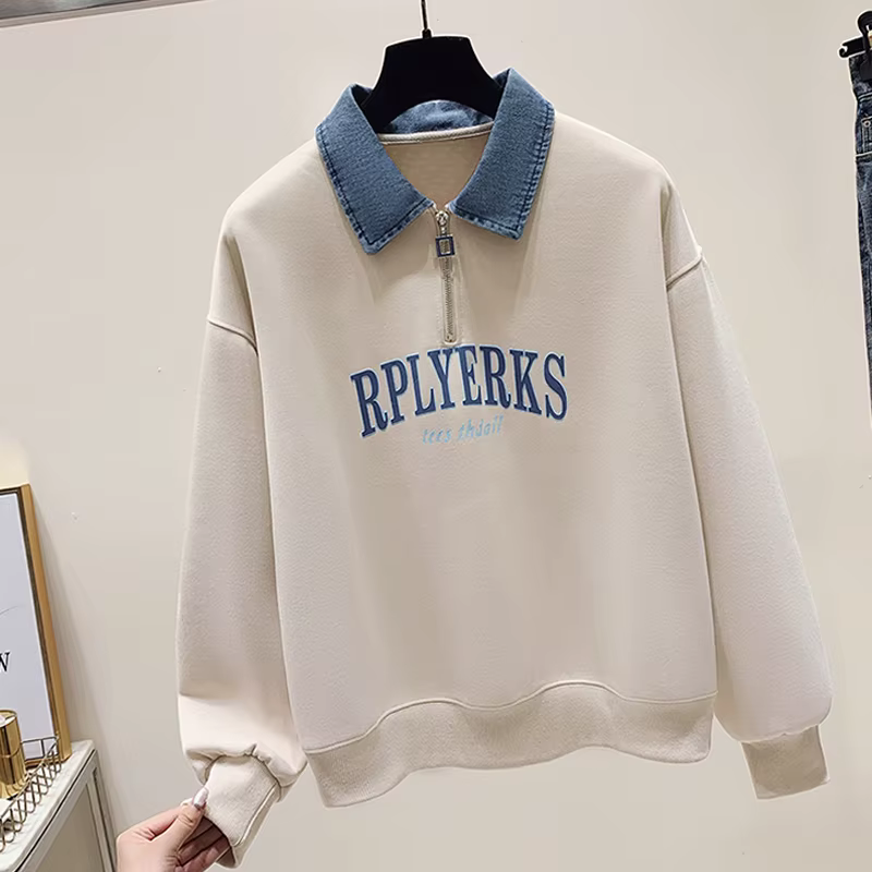 Sweat-shirt imprimé à manches longues pour femmes, col polo épissé, fermeture éclair, faux haut deux