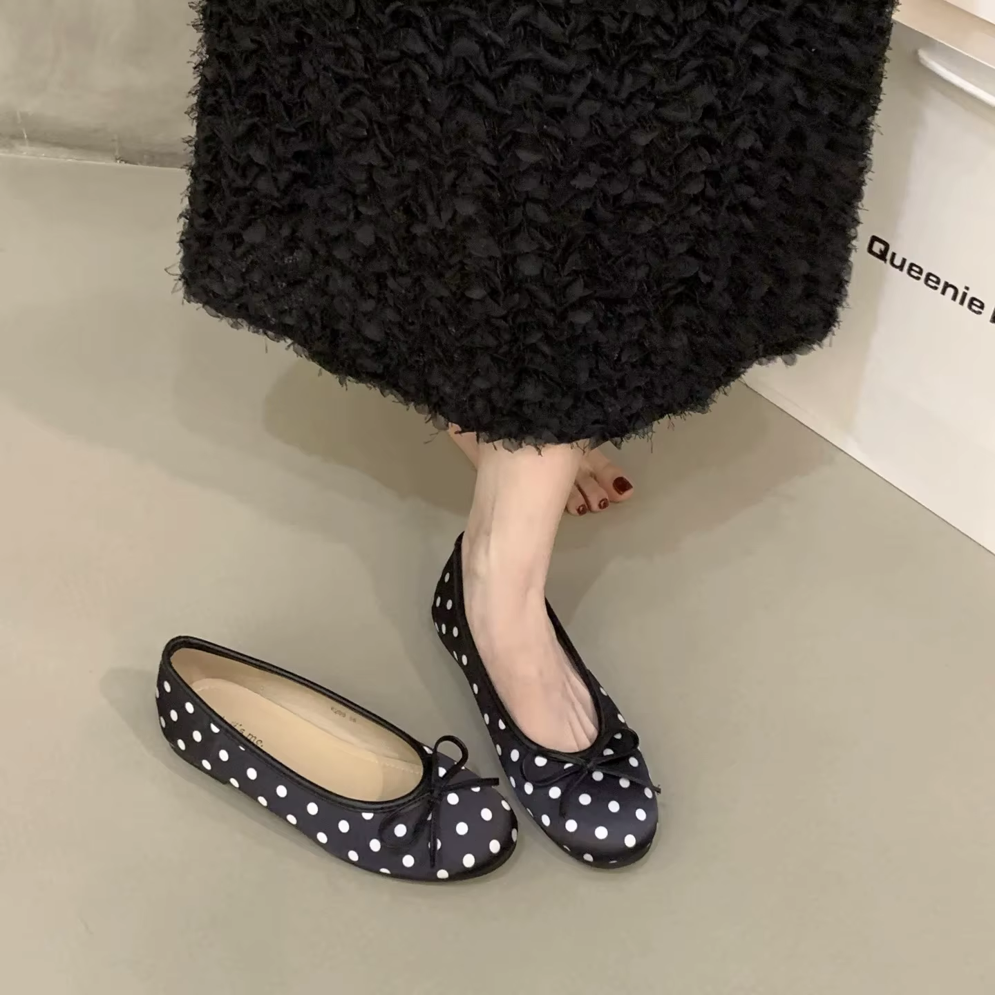 Ballerines à Pois pour Femmes Style Français Rétro Chaussures Plates Confortables à Bout Rond avec N