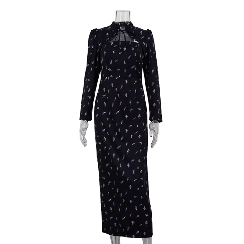 Robe à manches longues pour femmes, automne, bureau français, imprimé, col montant, Corset, fente fi