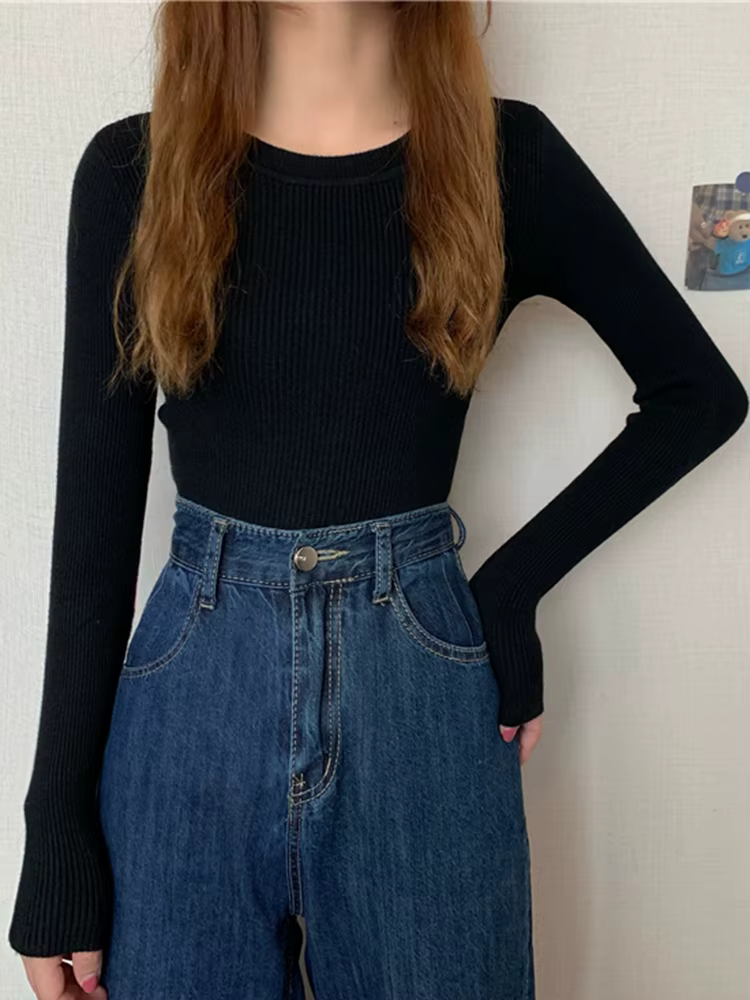 Nouveau Pull Femme 2026 Automne Hiver Manches Longues Col Rond Élastique Tricoté Uni Tendance