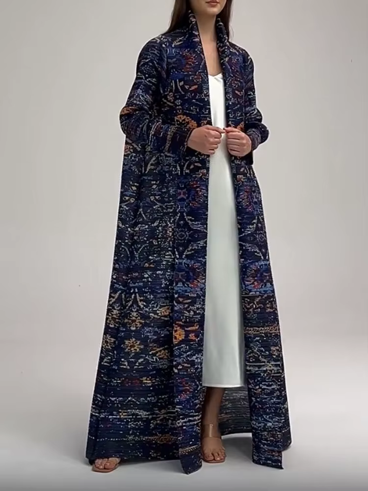 LANMREM-Robe imprimée bleu marine plissée pour femme, coupe-vent long avec manches, mode de luxe fém