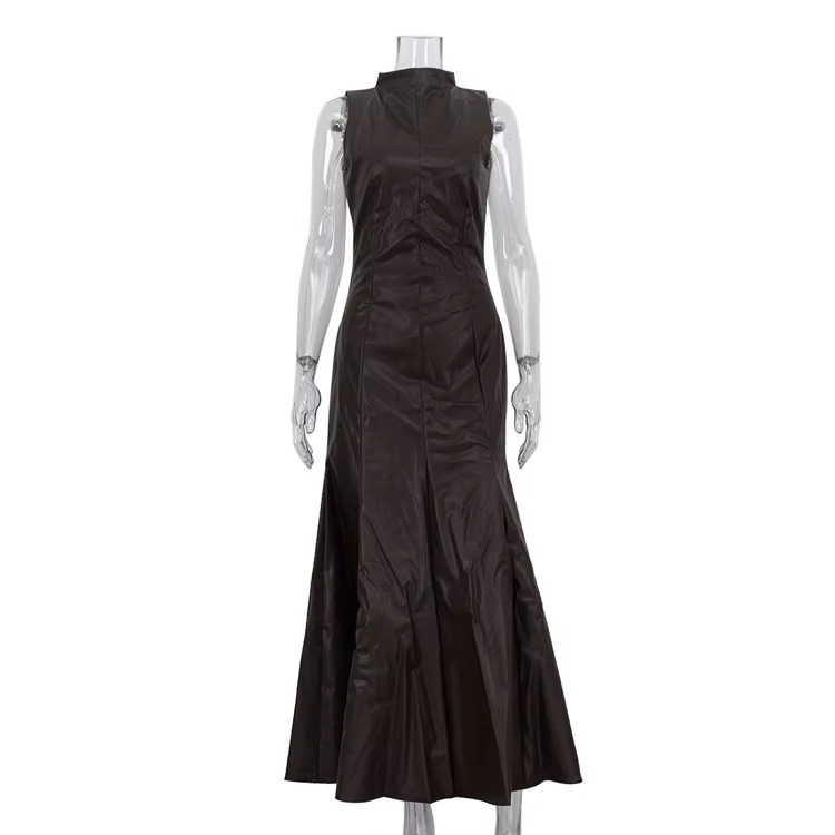 Robe sans manches en similicuir PU, nouvelle collection 2026, col montant, taille haute, sexy, moula