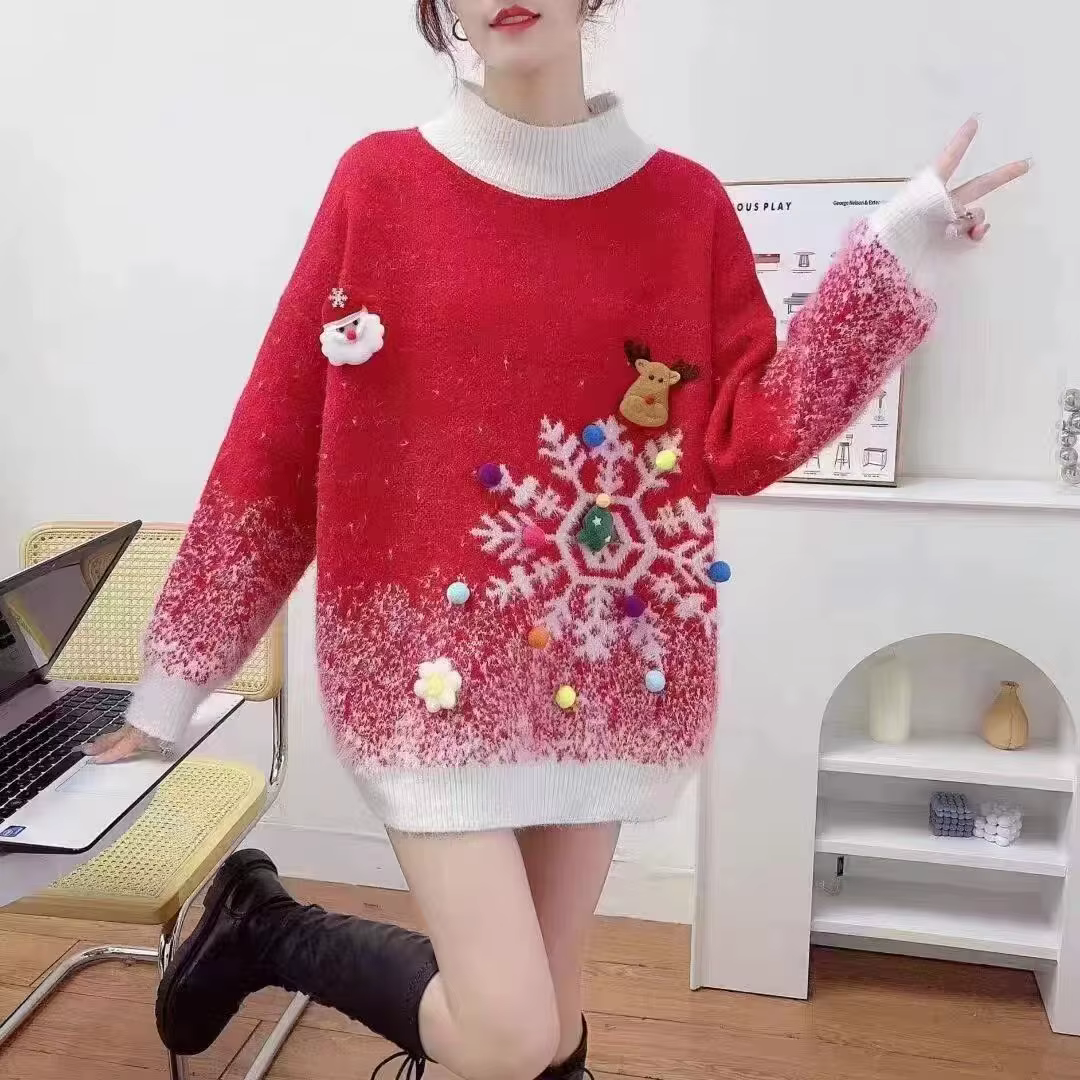 Pull de noël rouge pour femmes, pull du nouvel an, automne et hiver, épais, mi-long, nouveau Style, 