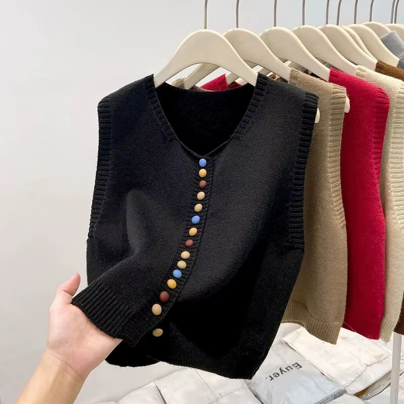 Gilet pull sans manches en tricot doux pour femme, col en V, style cardigan, collection automne, mot