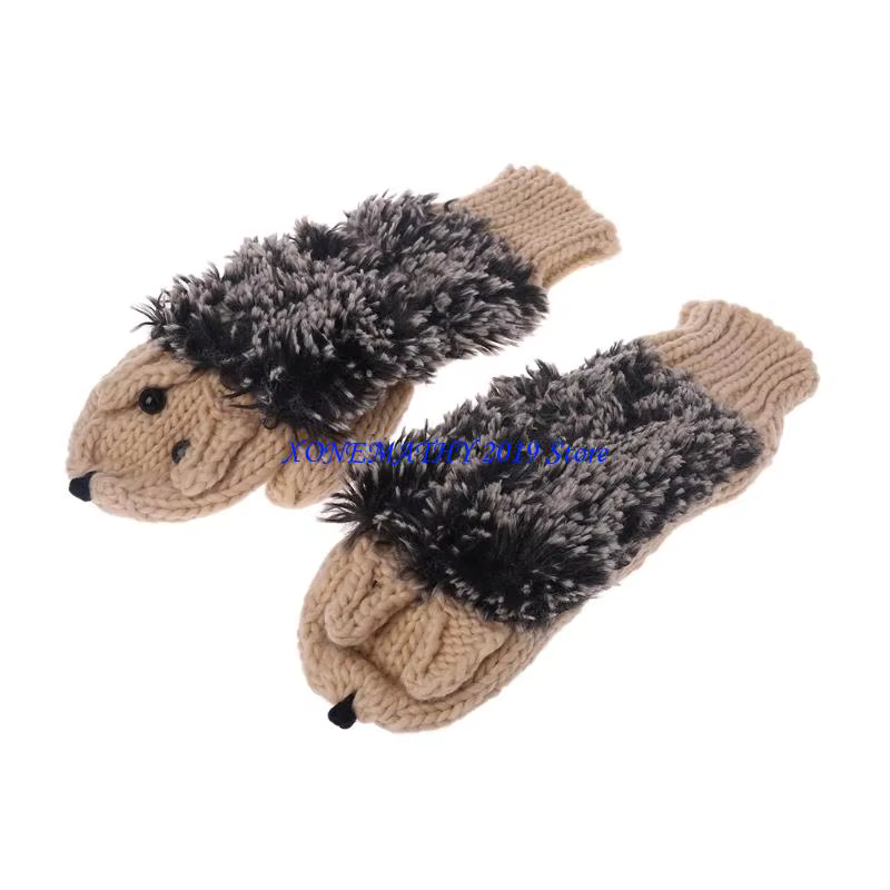 F42F – gants hérisson pour femmes filles, tricot chaud épais Crochet, mignon dessin animé Animal Cos