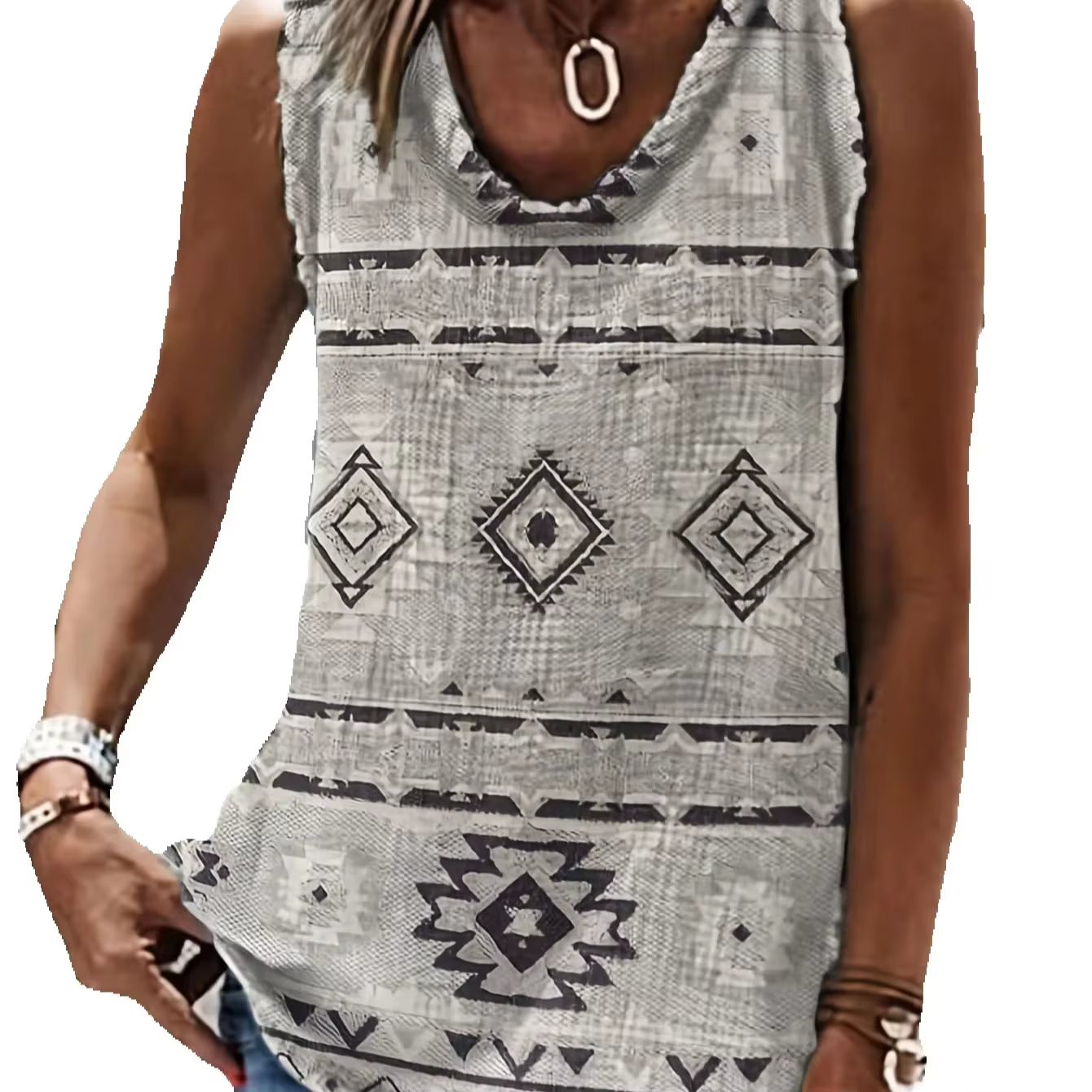 Gilets pour femmes, t-shirt sans manches décontracté à imprimé ethnique occidental, gilet ample rétr