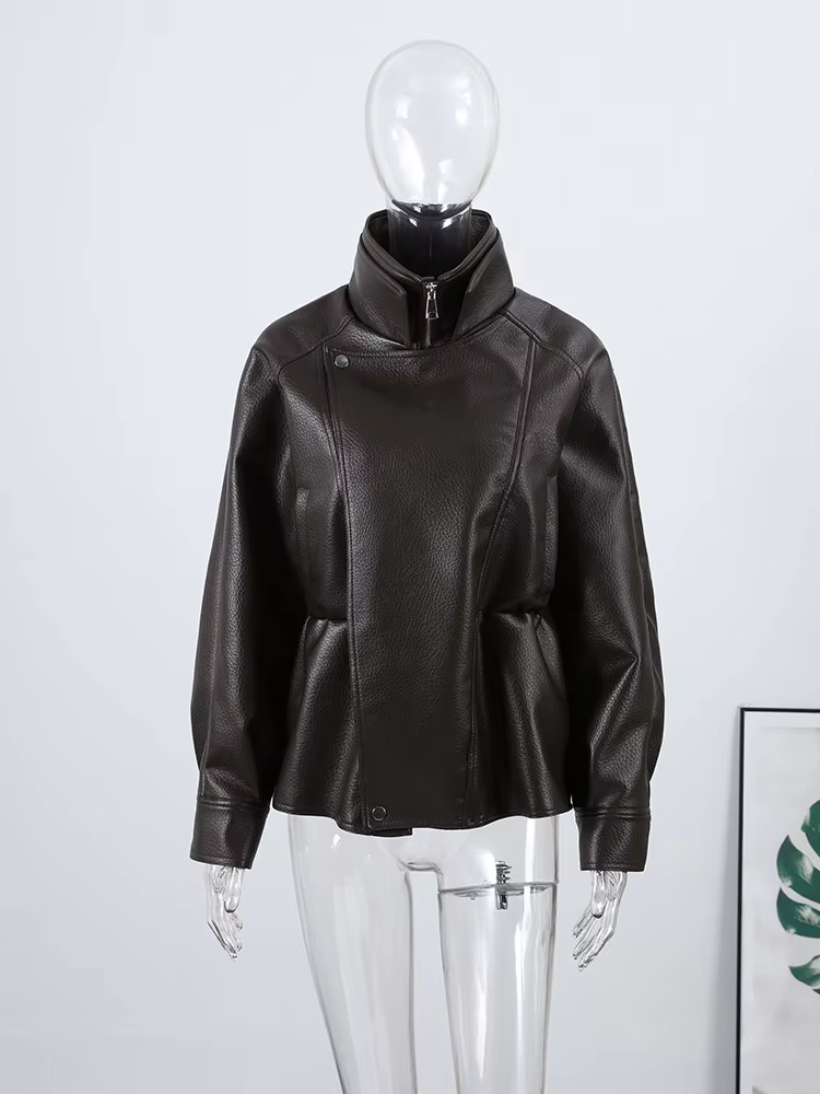 Vestes en cuir à col montant pour femmes, manteaux coupe-vent amples et pliables, Style Locomotive,