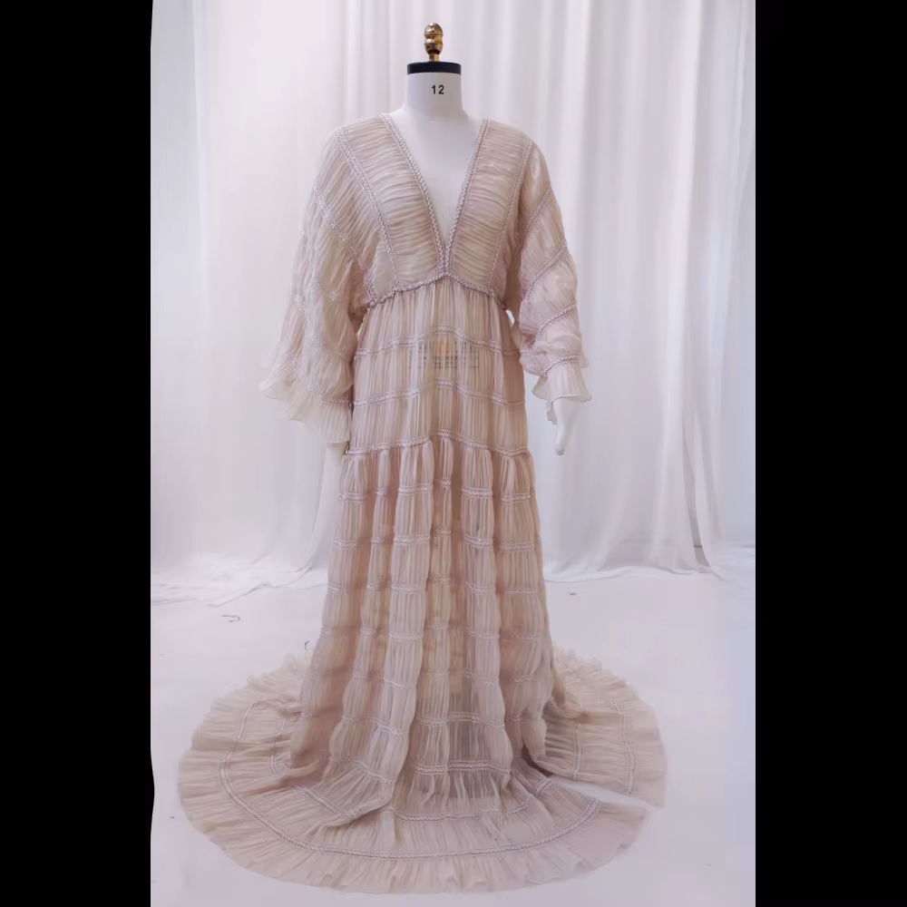 Robe longue bohème en tulle moelleux pour séance photo, robe de grossesse, manches longues, col en V