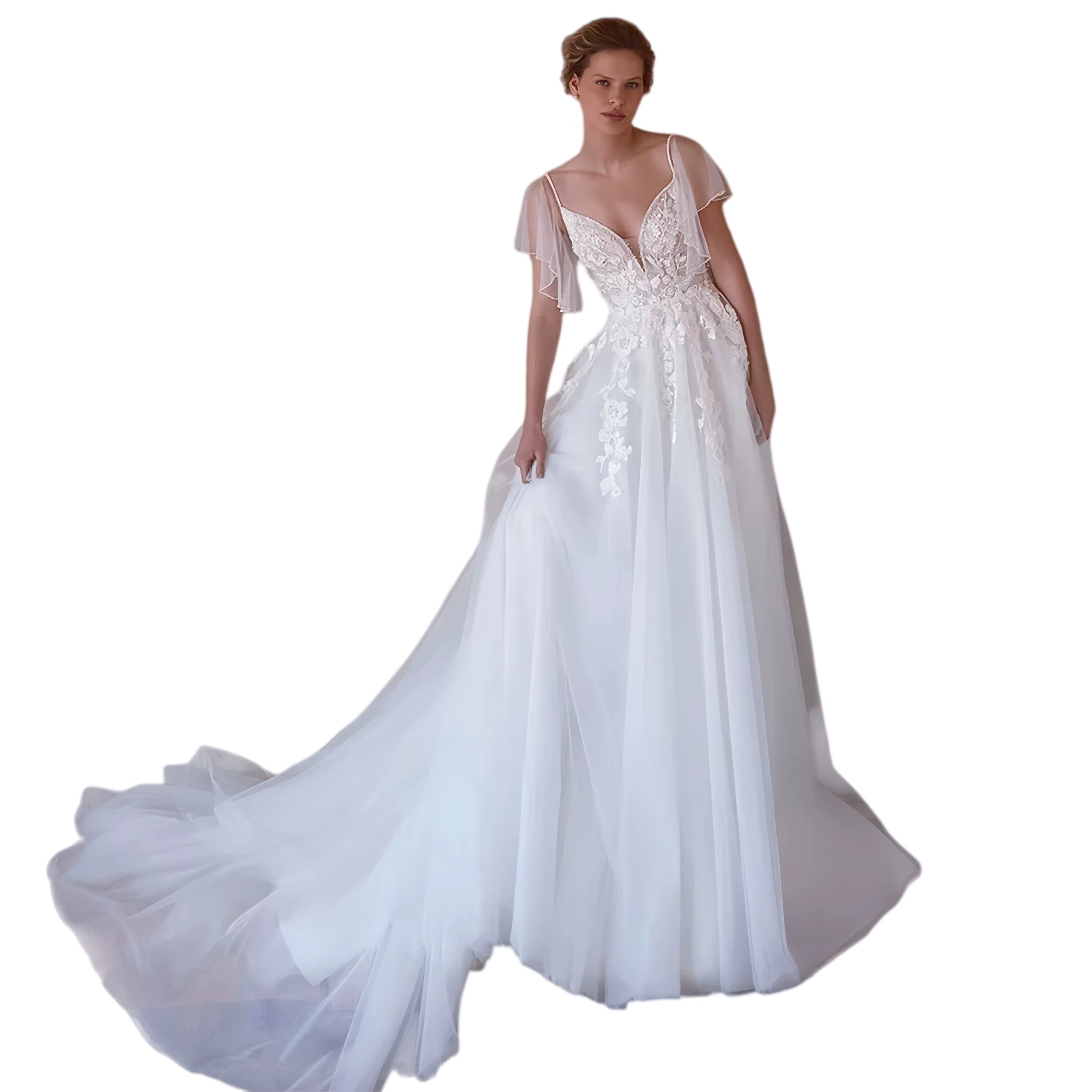 Robe de mariée pour femme, personnalisée, avec manches chauve-souris, perles, sequins, appliques et