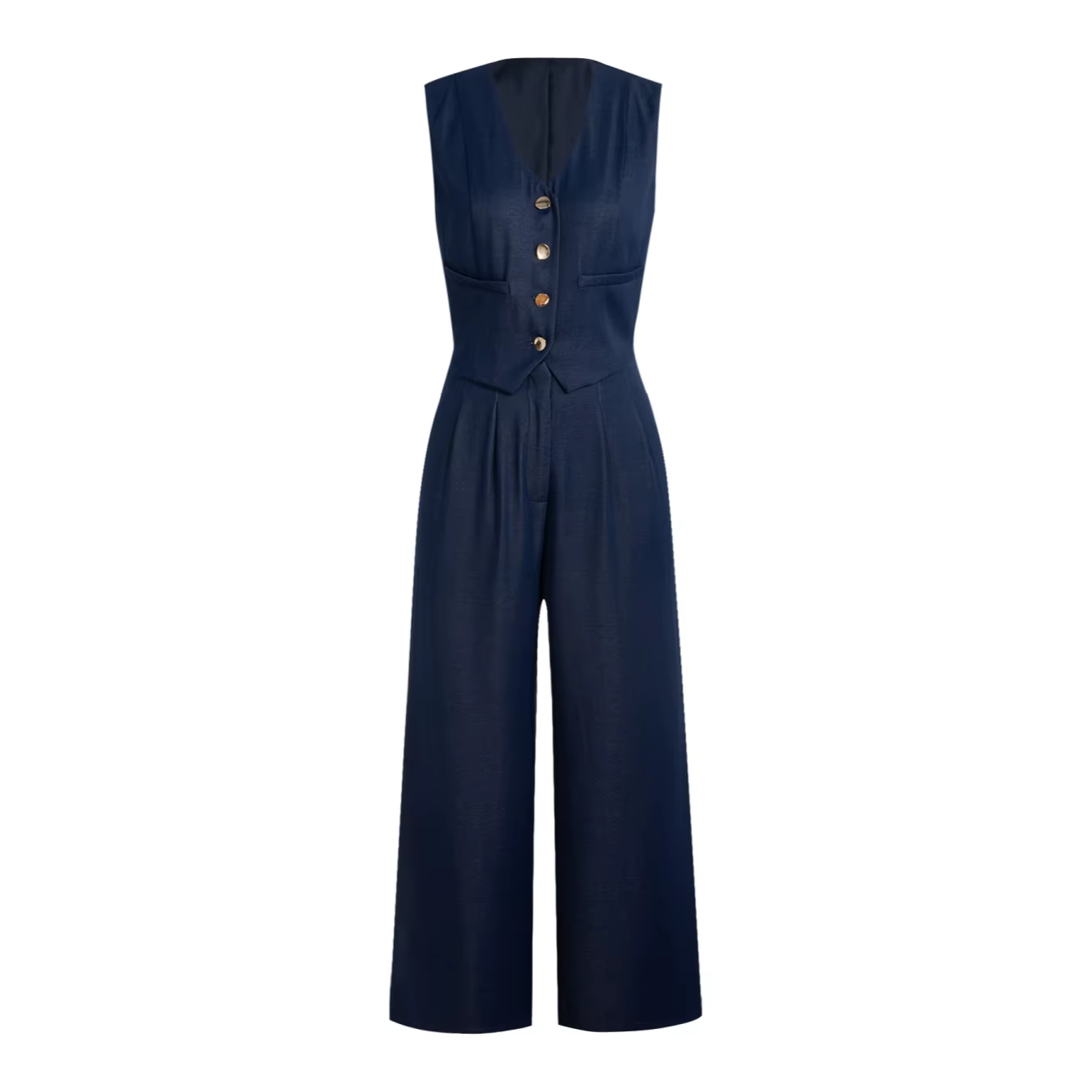 Ensemble tailleur pantalon femme printemps-été bleu marine, gilet sans manches et pantalon large tai