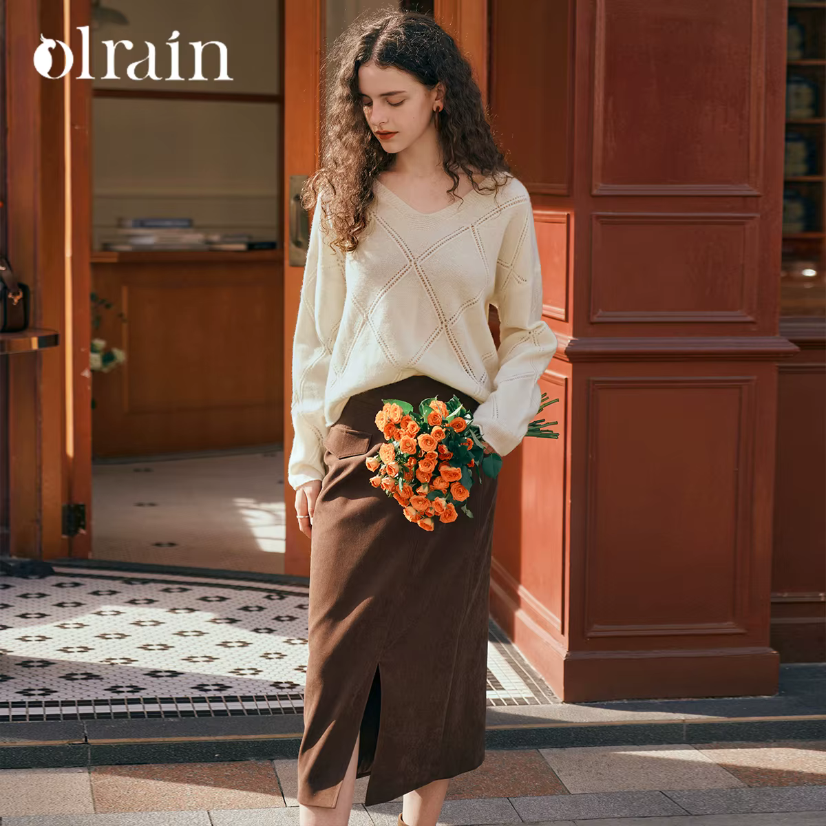 OLrain Pulls Solides Argyle Automne 2026 Coupe Ample Décontractée Col V Creux en Mohair Doux Tricot