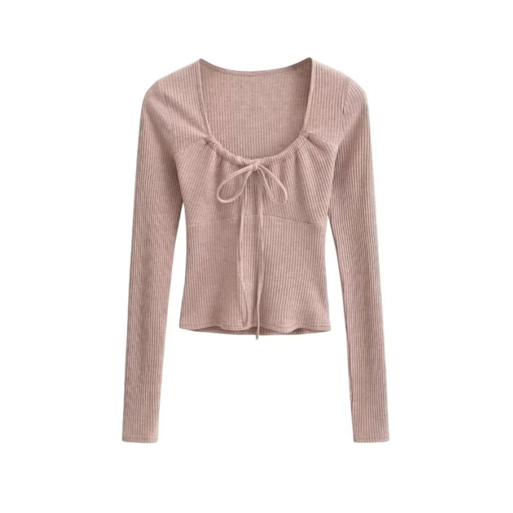T-shirt à col carré pour femmes, coupe ajustée, couleur unie, manches longues fines, chemise de base