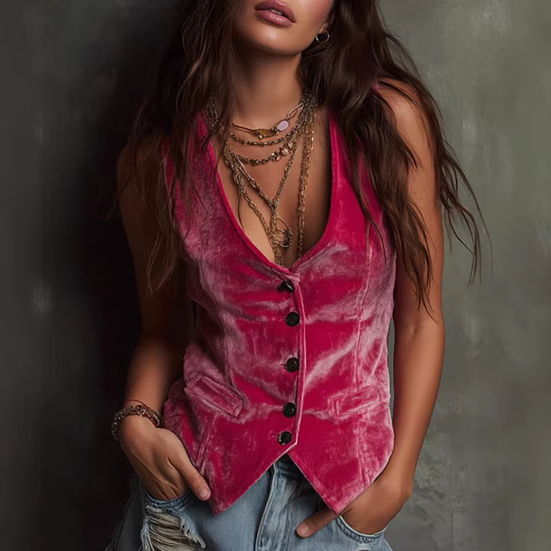 Mode solide velours femmes gilet veste élégant col en V bouton haut Cardigan décontracté sans manche