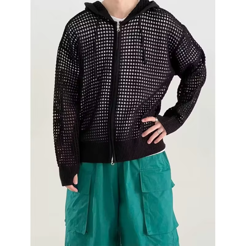 Cardigan tricoté tendance ajouré pour homme, style coréen, à fermeture éclair, coupe ample, manches