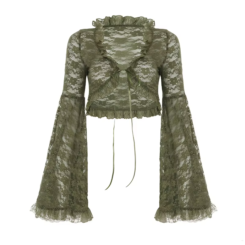 Cardigan vert en dentelle à nouer pour femme, col en V, manches évasées transparentes, style court, 