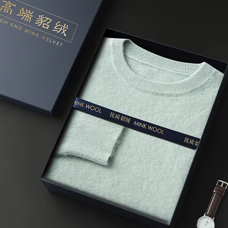Pull à col rond en cachemire de vison pur pour homme, pull décontracté tricoté à manches longues, vê