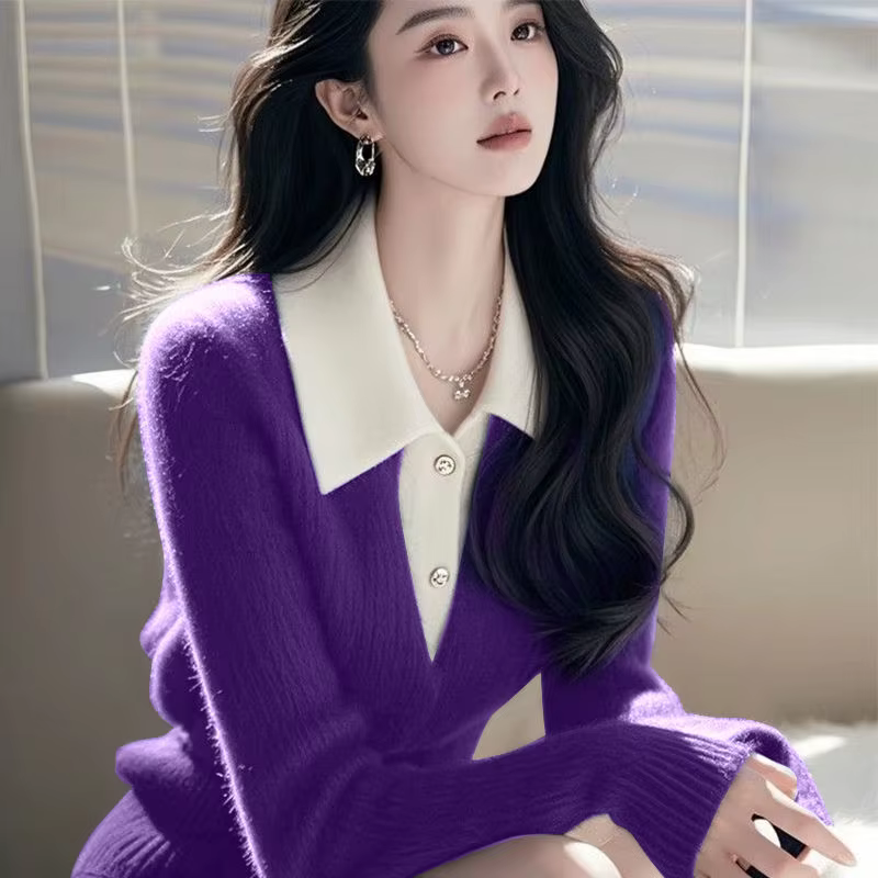 Faux pull deux pièces en tricot violet pour femmes, tendance, Unique, beau Style paresseux, automne