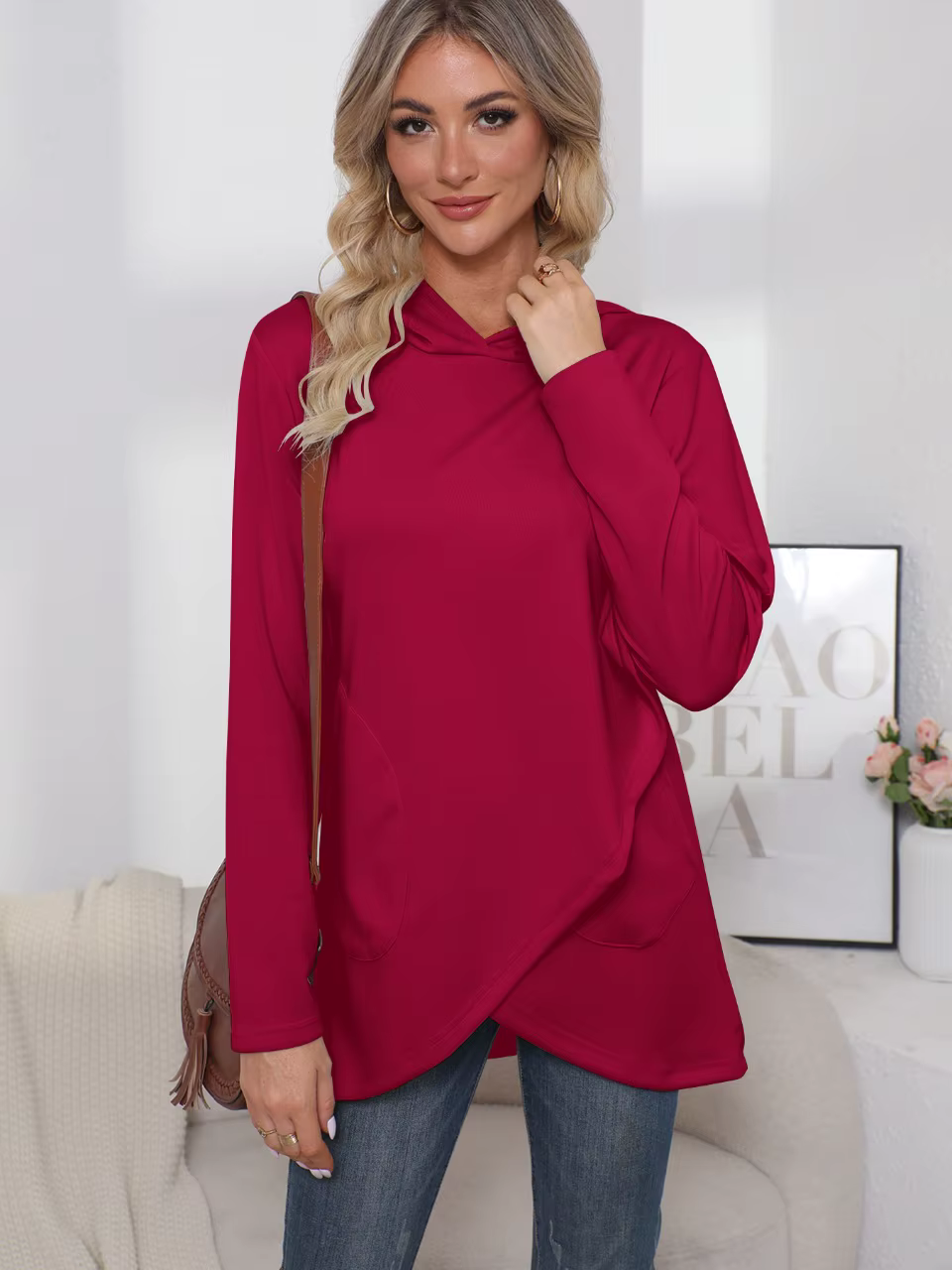 Pull ample à capuche et manches longues pour femme, couleur unie irrégulière, automne et hiver 2025