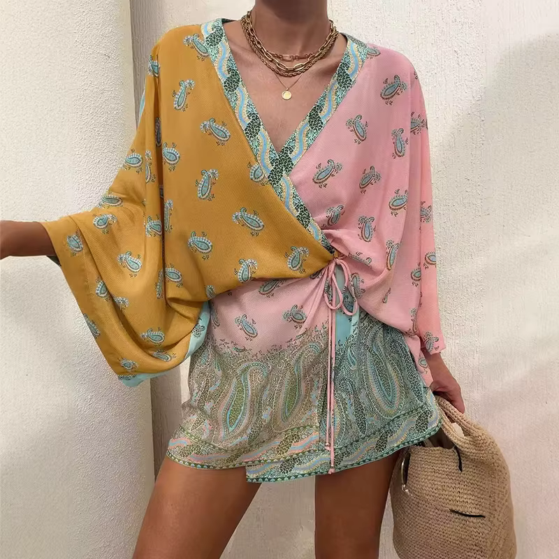 Robe Courte Décontractée Bohème pour Femme à Manches Chauve-Souris Imprimées, Col en V Sexy, Lacets,