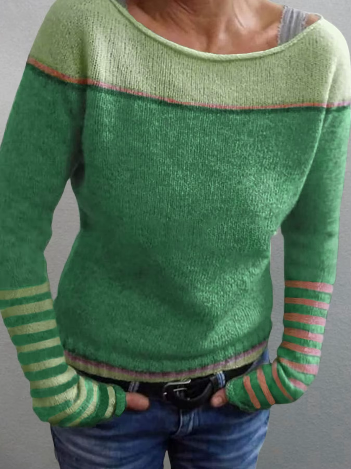 Pull en maille contrasté à rayures colorées pour femme, col bateau, manches longues, coupe ample, dé