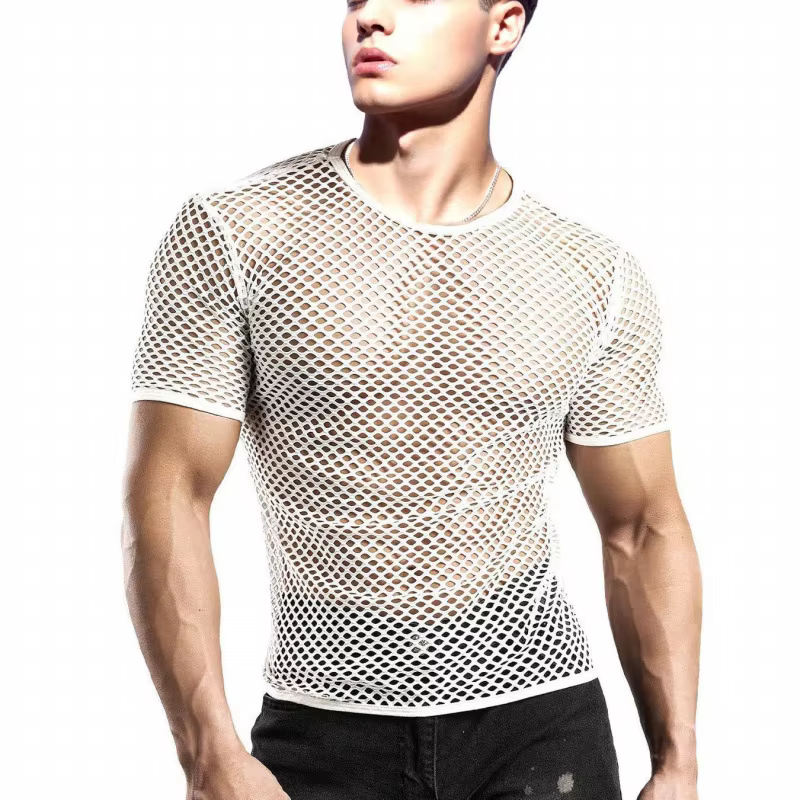 T-shirt en maille à col rond pour homme, séchage rapide, respirant, grande taille, motif filet de pê