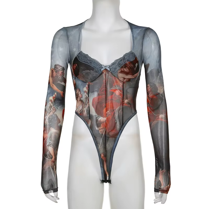 Costumes de batterie en maille à col carré pour femmes, toile vintage, nœud en dentelle imprimé, mar