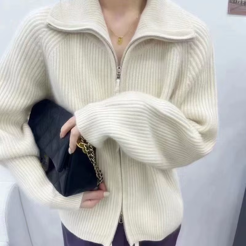 Pull en cachemire à revers zippé pour femme, cardigan UNIS issant, veste 100% laine, version coréenn