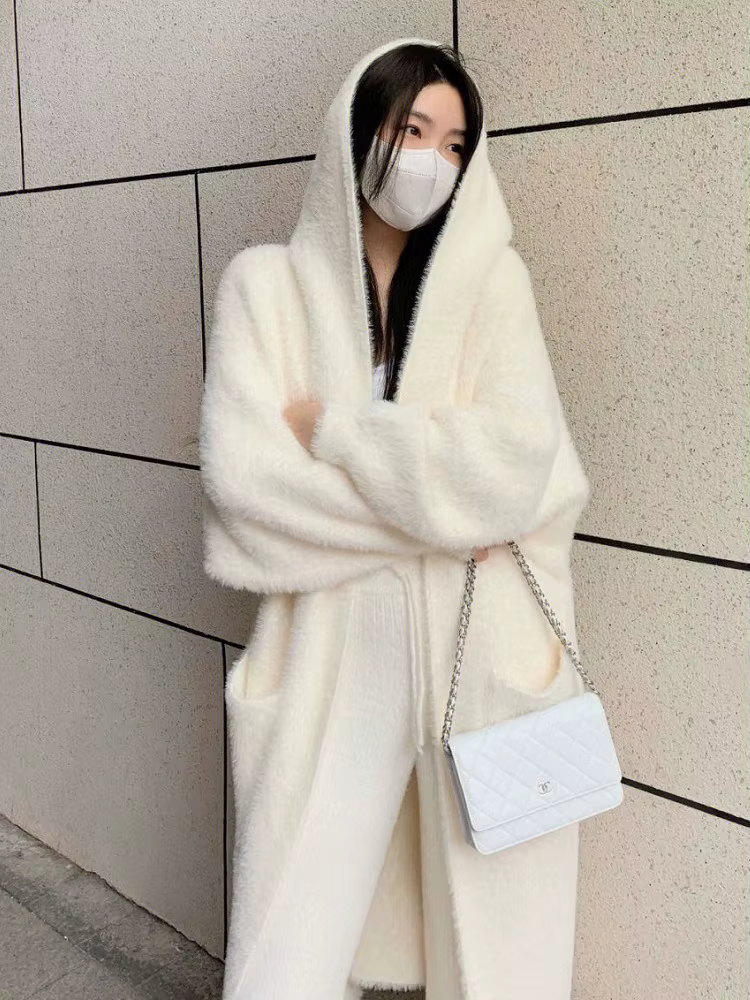 Cardigan long blanc pour femme, nouvelle collection hiver 2026, tricoté, moelleux, à manches longues