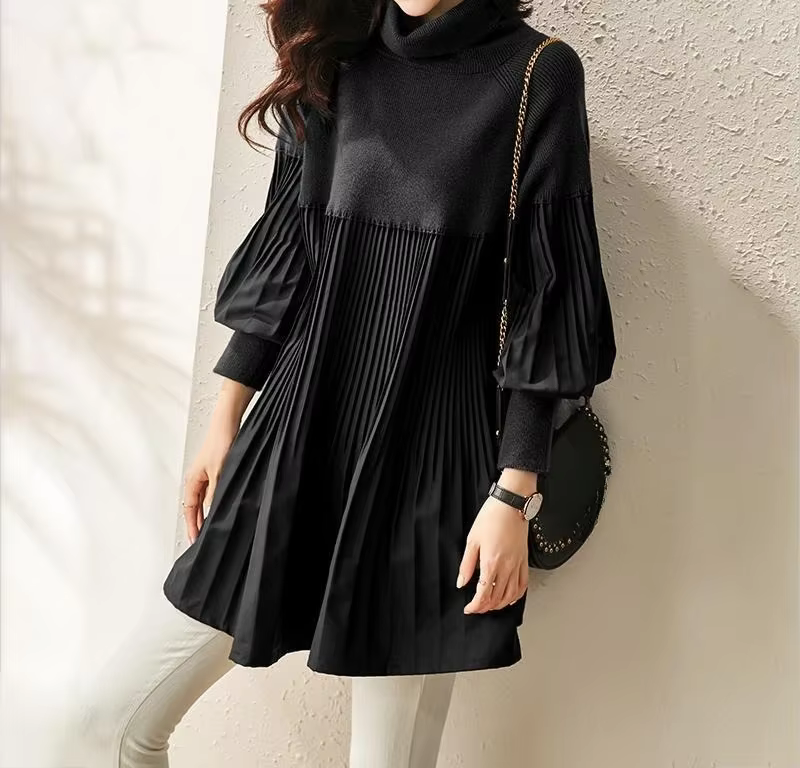 Pull en tricot uni ample pour femme, nouvelle collection automne, haut à col haut plissé pour femme