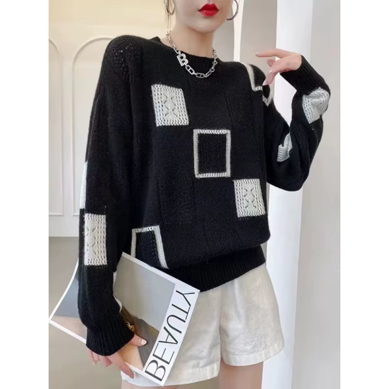 Vêtements pour femmes Vintage géométrique Patchwork tricoté pull décontracté Streetwear hauts pullov