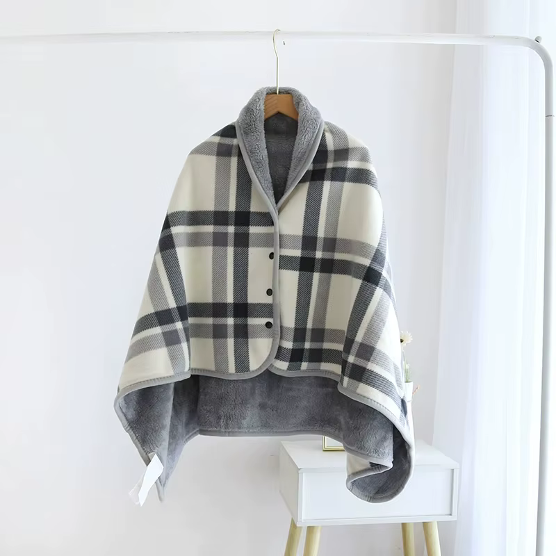 Couverture polaire portable, couverture à carreaux, poncho confortable avec boutons pour lit, canapé