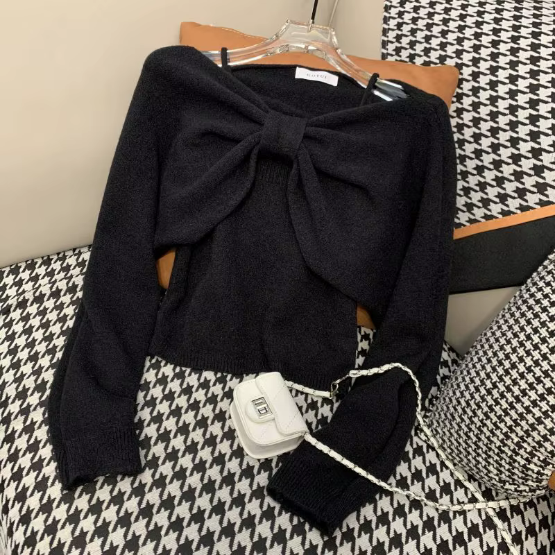 Costume pull deux pièces pour femmes, nouveau gilet à bretelles avec nœud, manches longues, haut cou