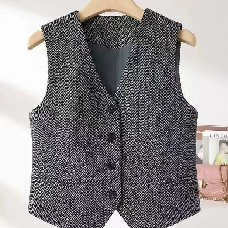 Nouveau gilet rétro style britannique 2026 à col en V et motif chevrons pour femme, coupe ajustée, à