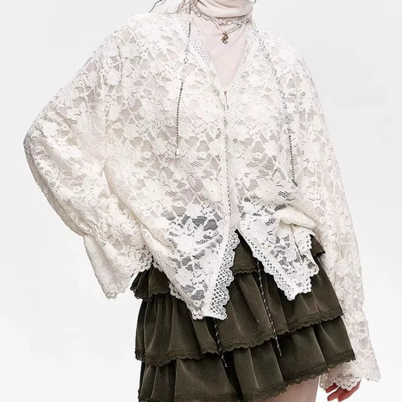 Chemisiers en dentelle blanche 2025 femmes vêtements Camisas De Mujer col en v chemises d'été amples