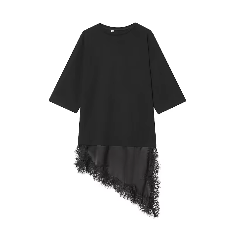 MUJER Polo dentelle T-shirt femme contraste débardeur décontracté femmes à manches courtes haut asym