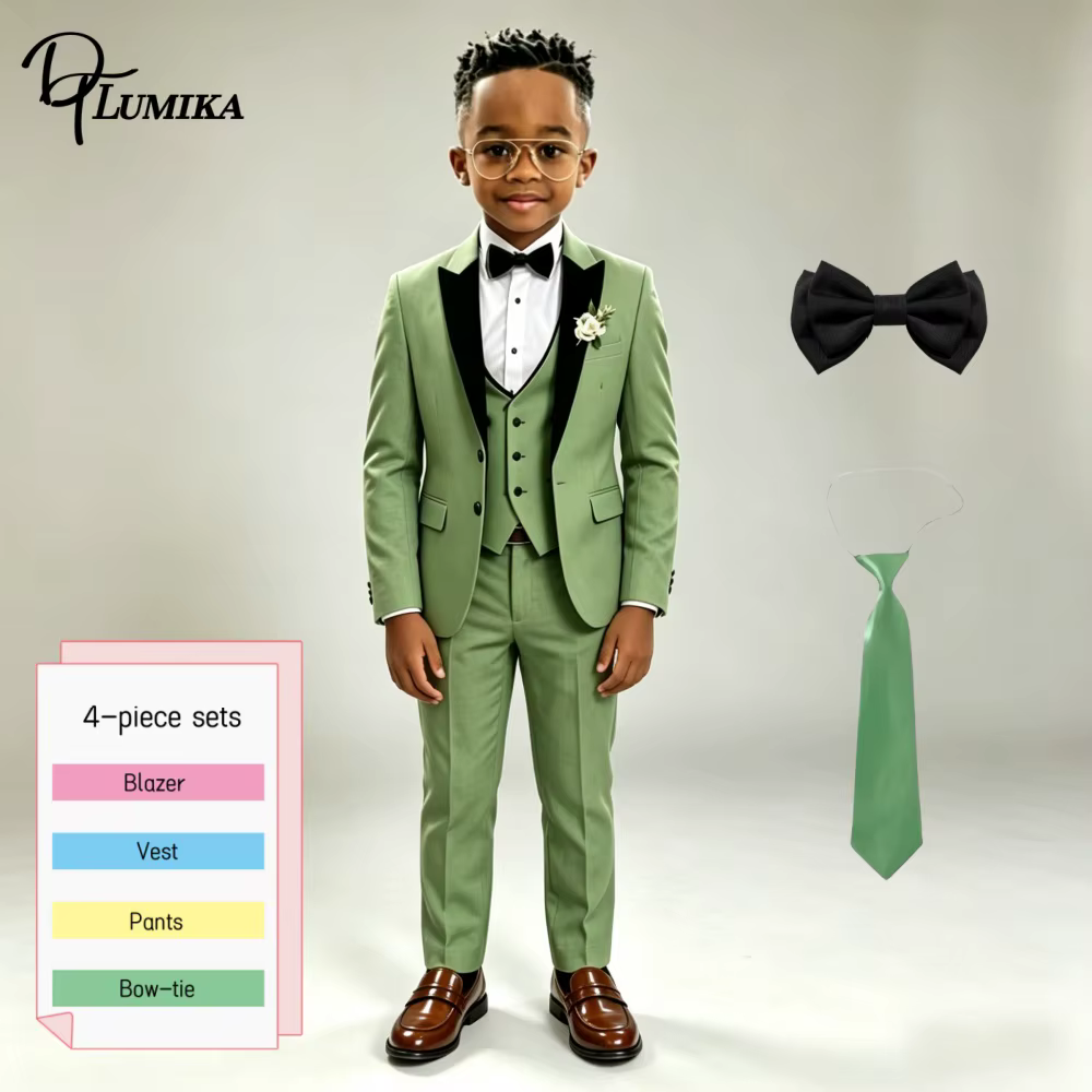 Ensemble costume vert pour garçons : veste, gilet, pantalon avec nœud papillon, blazer à revers poin