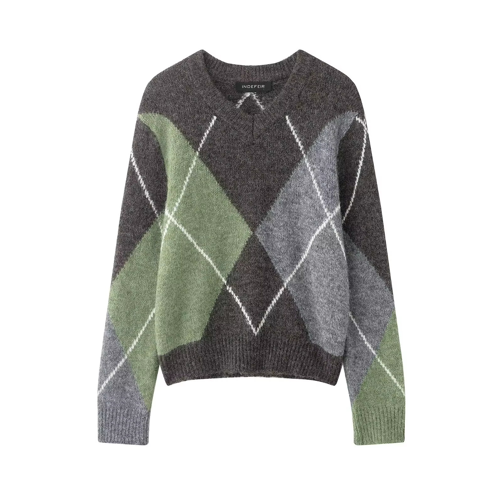 HH 2026 printemps pull pour femmes élégant mode diamant Plaid tricoté pull pull ample surdimensionné