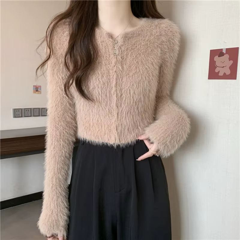 2025 pull court automne et hiver niche design sens taille haute fourrure haut couleur unie épaissi i