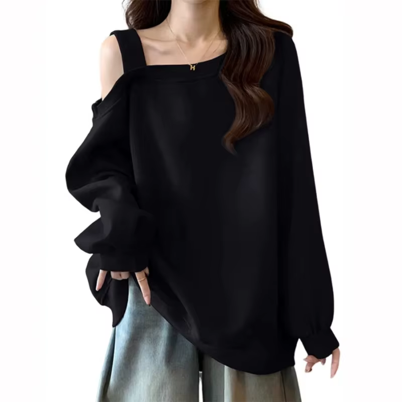Sweat-shirt oversize à épaules dénudées pour femme - Haut décontracté à manches longues à bretelle u