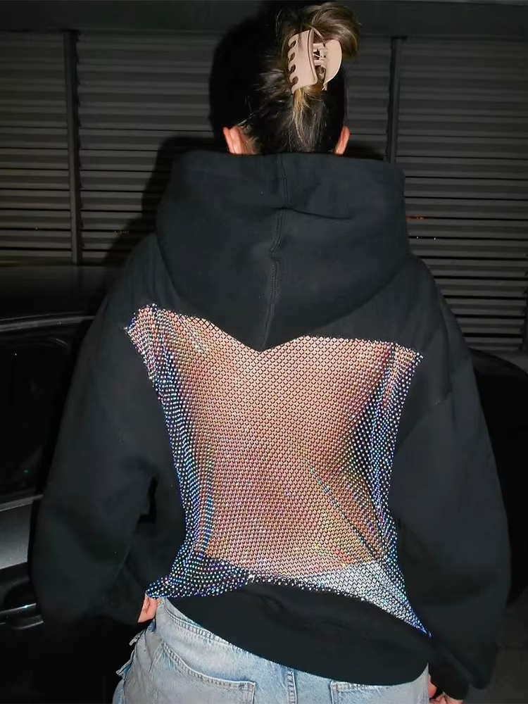 Sisterlinda sweat à capuche Harajuku femmes automne tendance dos nu brillant maille Patchwork décont